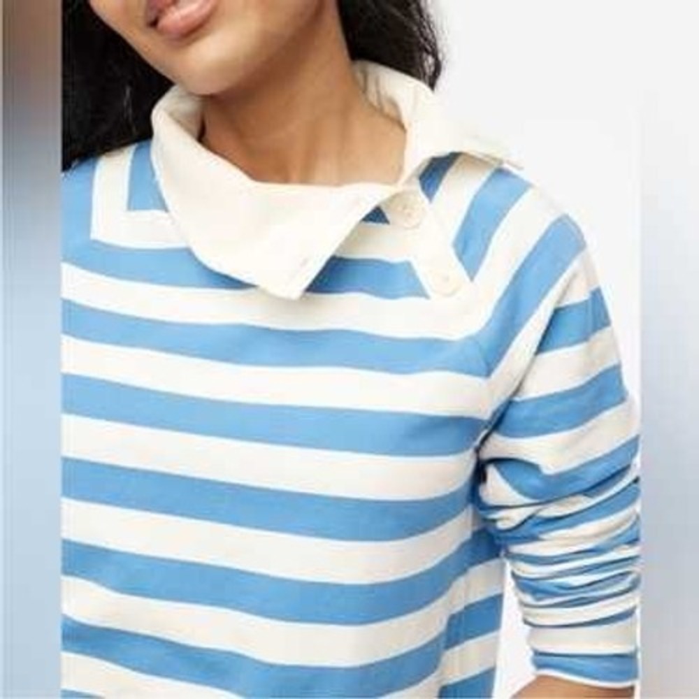 J. Crew Factory Funnel Neck Button Pullover M Blue White Striped Nautical